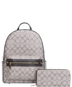2 In 1 Oval Pattern Zipper Backpack with Wallet Set 008-8578-W COFFEE
